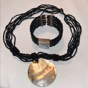 Black Beaded Necklace and bracelet with Iridescent Shell Pendant - Women Jewelry
